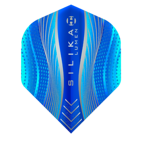 Harrows Silika Lumen Blue No.2 dart flight standing upright on a white background, fluorescent blue Silika coated flight