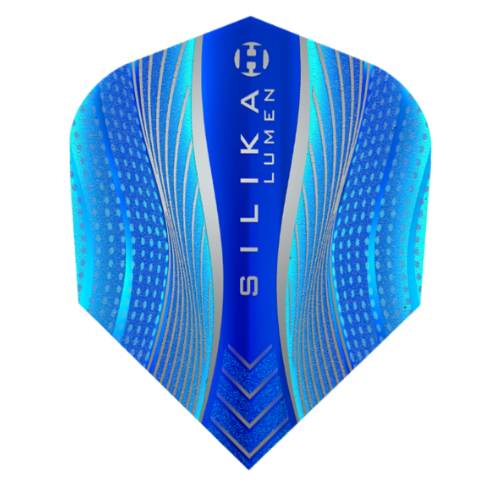 Harrows Silika Lumen Blue No.6 dart flight standing upright on a white background, fluorescent blue Silika coated flight