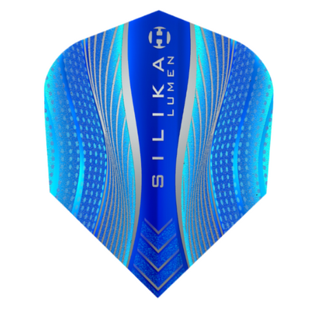 Harrows Silika Lumen Blue No.6 dart flight standing upright on a white background, fluorescent blue Silika coated flight