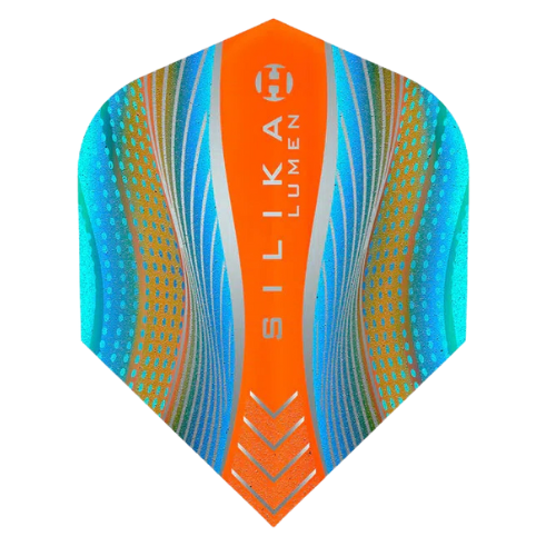 No.6 dart flight in cyan and orange, full product view, isolated on white background, highlighting textured grip and modern design