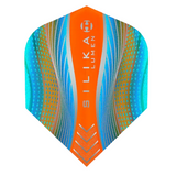 No.6 dart flight in cyan and orange, full product view, isolated on white background, highlighting textured grip and modern design