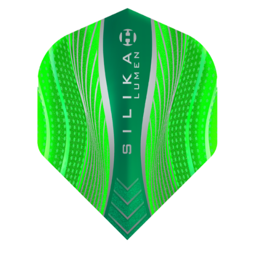 Harrows Silika Lumen Green No.2 dart flight standing upright on a white background, fluorescent green Silika coated flight