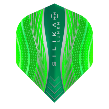 Harrows Silika Lumen Green No.2 dart flight standing upright on a white background, fluorescent green Silika coated flight
