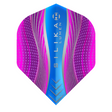 Harrows Silika Lumen Pink and Blue No.2 dart flight standing upright on a white background, two tone fluorescent Silika coated flight
