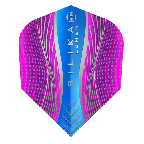 No.6 dart flight close-up featuring vibrant pink and blue design, Silika Lumen branding, isolated on white background