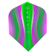 Harrows Silika Lumen Purple and Green No.6 dart flight standing upright on a white background, two tone fluorescent Silika coated flight