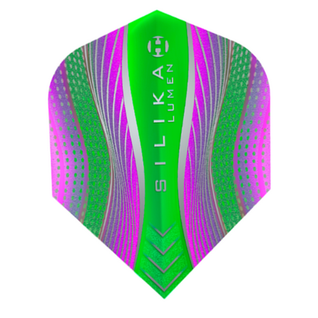 Harrows Silika Lumen Purple and Green No.6 dart flight standing upright on a white background, two tone fluorescent Silika coated flight