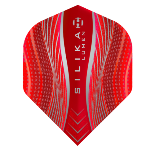 Harrows Silika Lumen Red No.2 dart flight standing upright on a white background, fluorescent red Silika coated flight