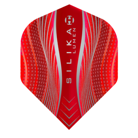 Harrows Silika Lumen Red No.2 dart flight standing upright on a white background, fluorescent red Silika coated flight