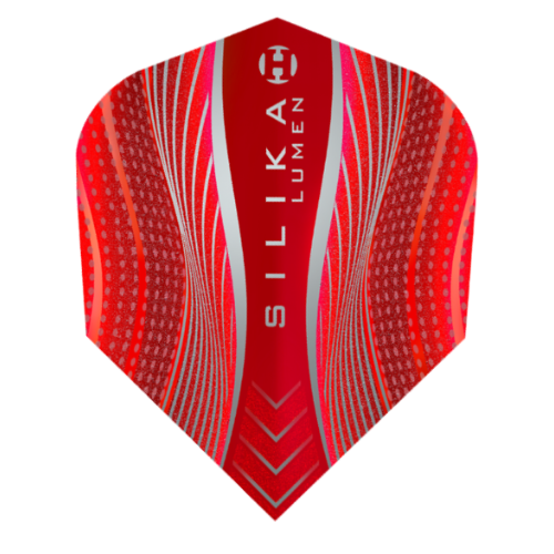 Harrows Silika Lumen Red No.6 dart flight standing upright on a white background, fluorescent red Silika coated flight