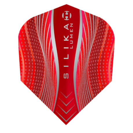 Harrows Silika Lumen Red No.6 dart flight standing upright on a white background, fluorescent red Silika coated flight