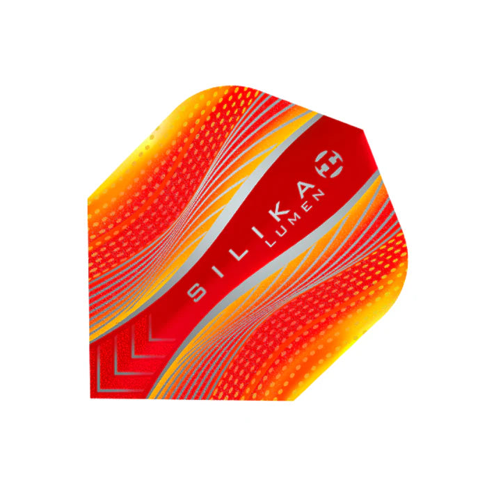 Close-up of Silika Lumen No.6 dart flight in yellow and red showing texture and geometric pattern, isolated on white background