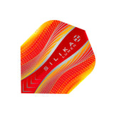 Close-up of Silika Lumen No.6 dart flight in yellow and red showing texture and geometric pattern, isolated on white background