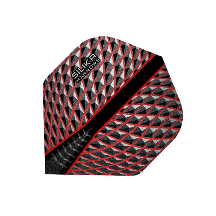 Close-up of single Silika Red No.2 dart flight isolated on white, featuring textured geometric pattern for darts equipment