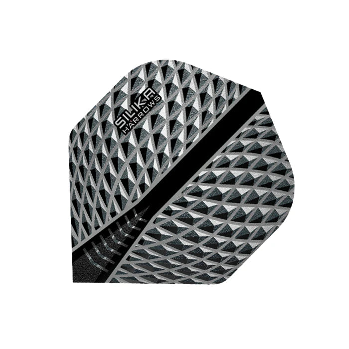 Macro close-up of Silika Smokey No.2 dart flight highlighting textured 3D geometric design and durability for dart players