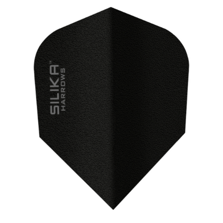 Harrows Silika Solid Black No.6 dart flight standing upright on a white background, solid black Silika coated flight