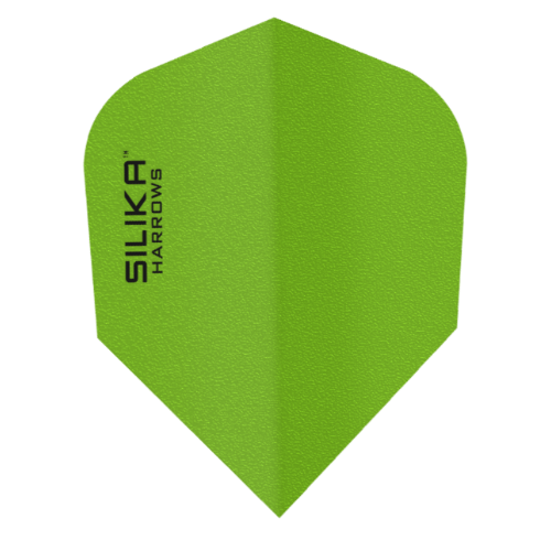 Harrows Silika Solid Green No.6 dart flight standing upright on a white background, solid green Silika coated flight