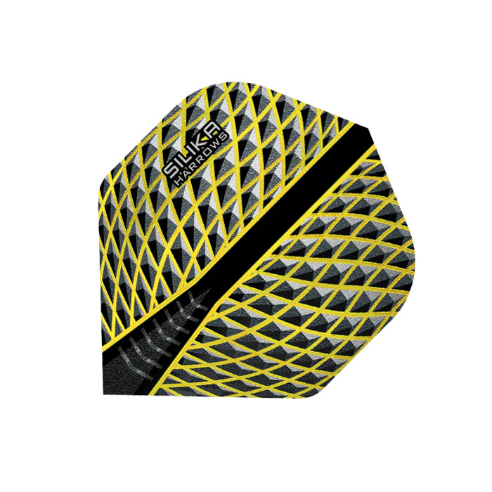 Macro view of Silika Yellow No.2 dart flight with textured 100 micron diamond pattern, isolated on white background