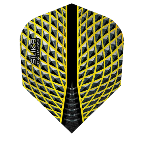 Yellow No.2 dart flight with textured geometric pattern, full view on white background, highlighting 100 micron durable material