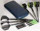 Top-down view of slim darts case with six assembled steel tip darts, extra shafts, and flights displayed for dart storage and accessories.