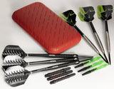 Top-down view of red slim darts case with six steel tip darts, extra shafts, and flights arranged on white background for dart players