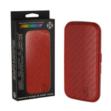 Red slim darts case displayed next to retail packaging, full product view with textured design on white background