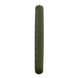 Side view of slim green darts case with curved edges and ridged texture, isolated on white for dart storage