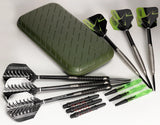 Slimcase darts case with two complete dart sets, extra flights, shafts, and tips displayed on white background for dart storage comparison
