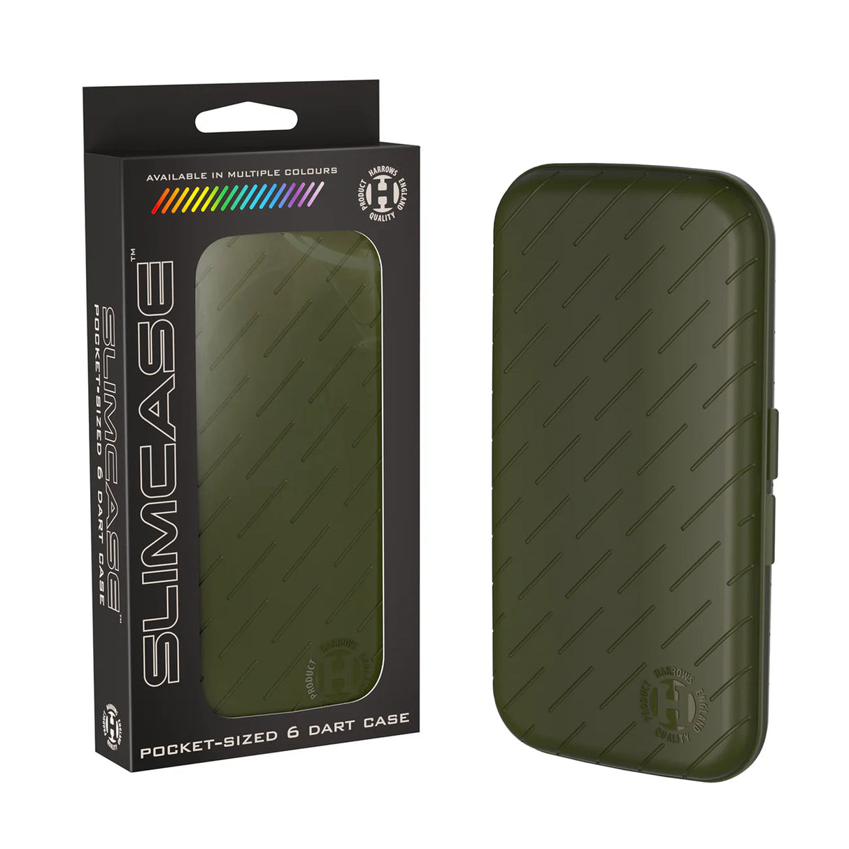 Olive green slim dart case with textured diagonal lines beside packaging, pocket-sized accessory for protecting six darts