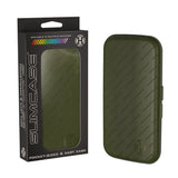 Olive green slim dart case with textured diagonal lines beside packaging, pocket-sized accessory for protecting six darts