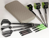 Slimcase darts case with two full dart sets, spare shafts, and flights arranged on white background for dart storage comparison
