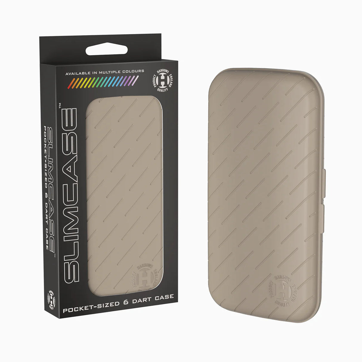 Slim dart case in beige shown both in packaging and standalone, angled view highlighting compact size and textured surface for dart storage