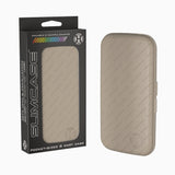Slim dart case in beige shown both in packaging and standalone, angled view highlighting compact size and textured surface for dart storage
