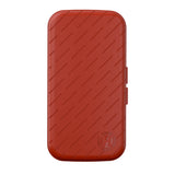 Red slim dart case full view closed, diagonal textured pattern, dart accessory storage isolated on white background