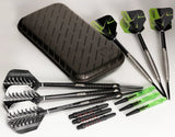 Slim darts case with two sets of assembled darts, spare stems, and flights displayed top-down for dart storage and accessory details