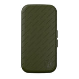 Olive green slim darts case with diagonal textured grip, full front view on white background, protective dart storage accessory