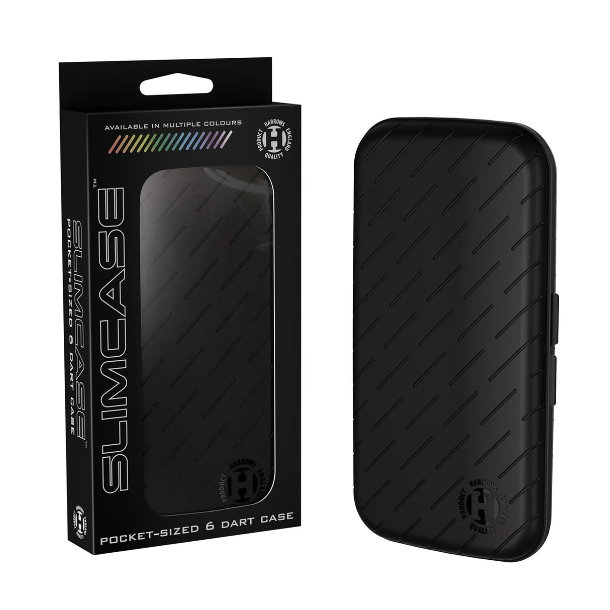 Slim dart case with textured black shell displayed beside its retail packaging, pocket-sized design for dart storage, isolated on white
