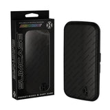 Slim dart case with textured black shell displayed beside its retail packaging, pocket-sized design for dart storage, isolated on white