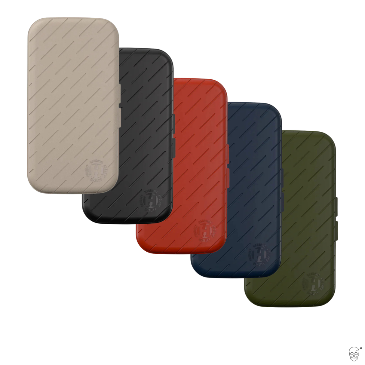 Slim darts cases in beige, black, red, navy, and green, full view on white background, showing compact protective design and textured surface
