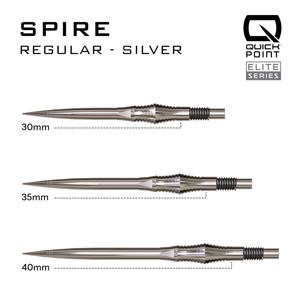 Harrows Spire Quick Point length comparison in silver showing 30mm, 35mm and 40mm