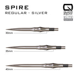 Harrows Spire Quick Point length comparison in silver showing 30mm, 35mm and 40mm