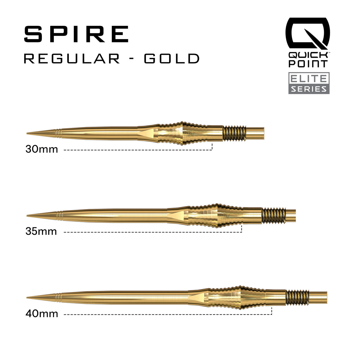 Harrows Spire Quick Point length comparison in gold showing 30mm, 35mm and 40mm