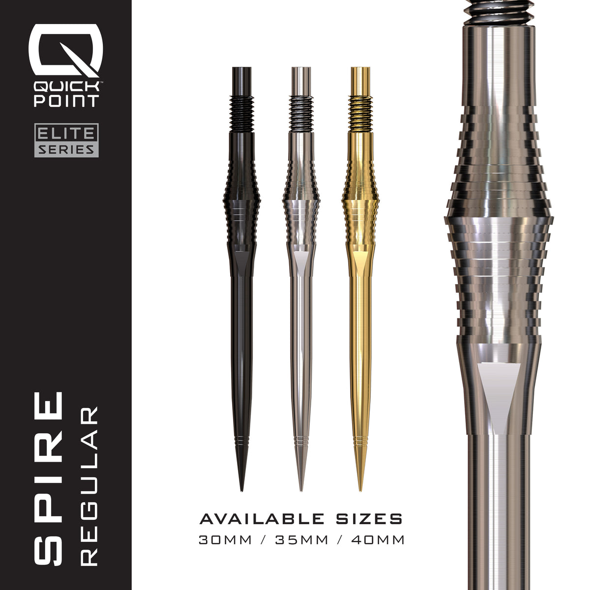 Harrows Spire Elite Series Quick Points available in black, silver and gold, 30mm, 35mm and 40mm