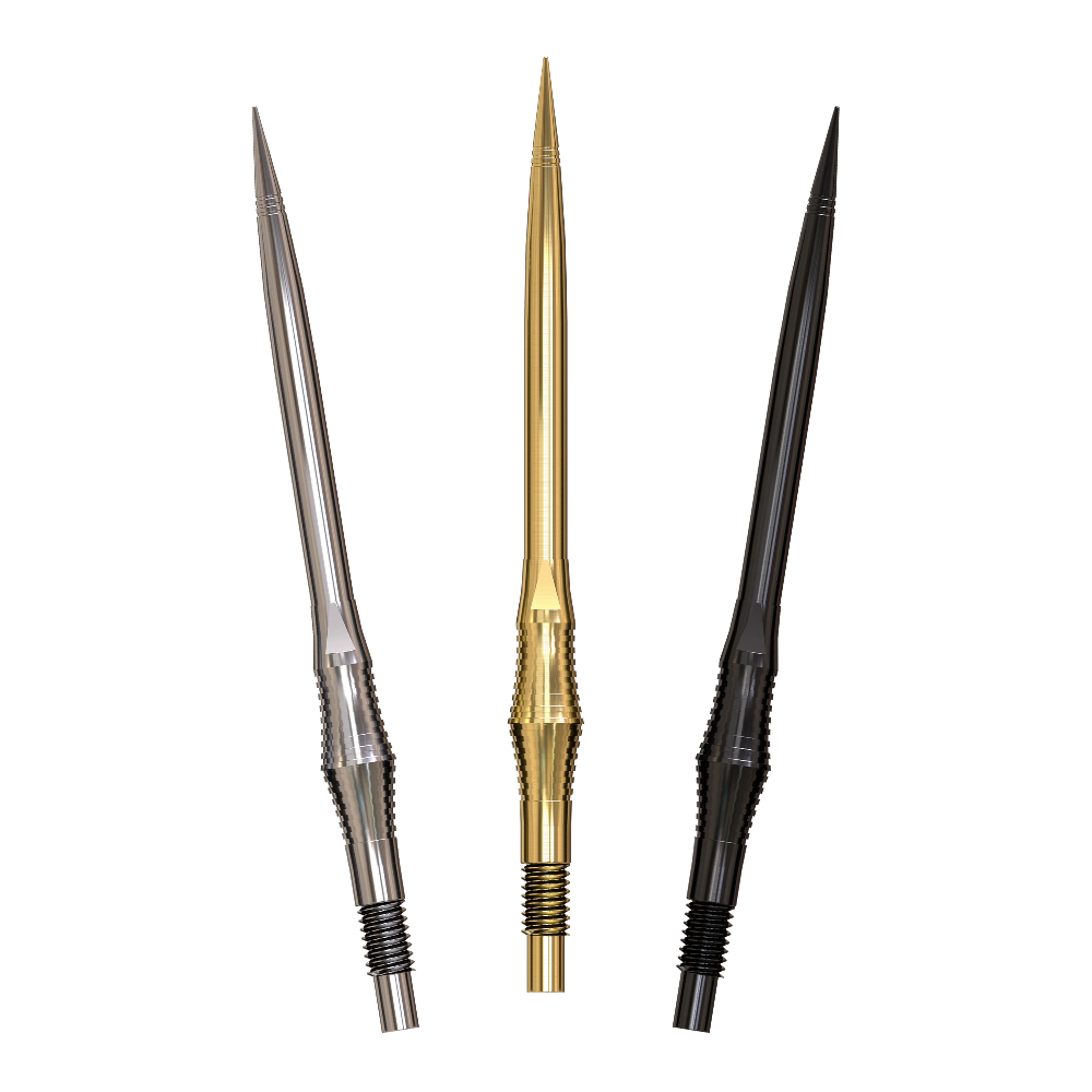 Harrows Spire Elite Series Quick Points fanned in all three finishes - silver, gold and black - on a white background