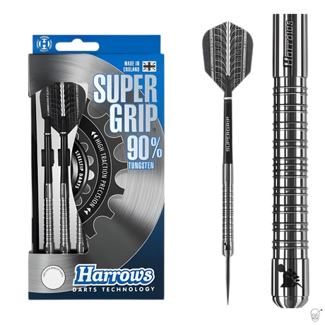 Set of 90% tungsten darts in packaging with one dart isolated on white, highlighting supergrip barrel and flight design