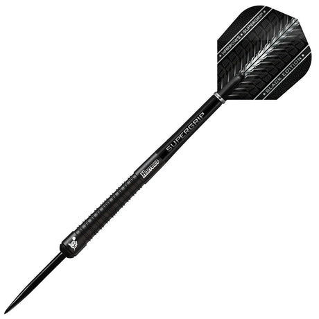 Black 90% tungsten dart with ringed grip, Supergrip shaft, and Black Edition flight, isolated on white background