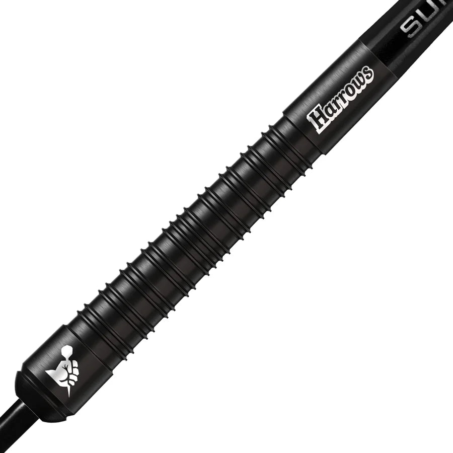 Close-up of Supergrip Black Edition dart barrel showing detailed black grip rings and engraved tungsten dart texture