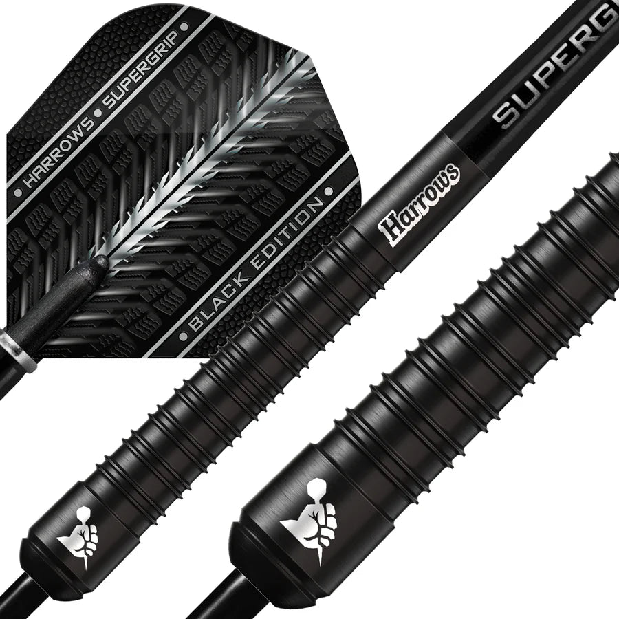 Macro close-up of Supergrip Black Edition 90% tungsten darts, showing barrel grip texture and flight design for precision and style
