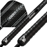 Macro close-up of Supergrip Black Edition 90% tungsten darts, showing barrel grip texture and flight design for precision and style