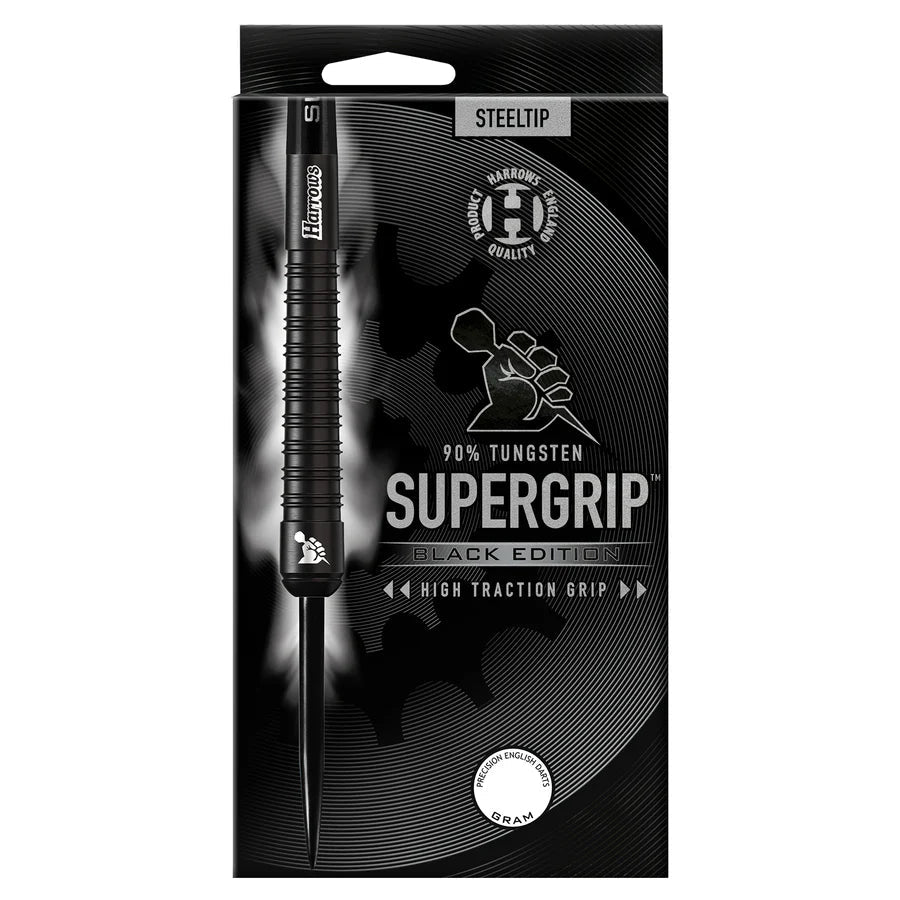Steel tip tungsten dart in black edition retail packaging, front view showing high traction grip barrel and precision point